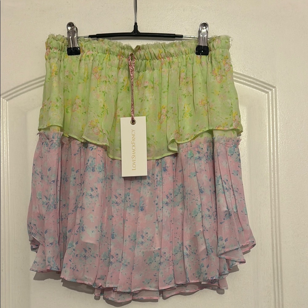 LoveShackFancy Green and Pink Floral Skirt